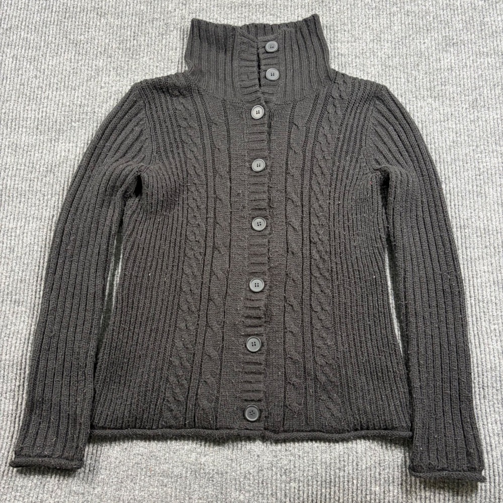 Faded Glory Sweater Womens L Black Cable Knit Button Front Cardigan Mock Neck